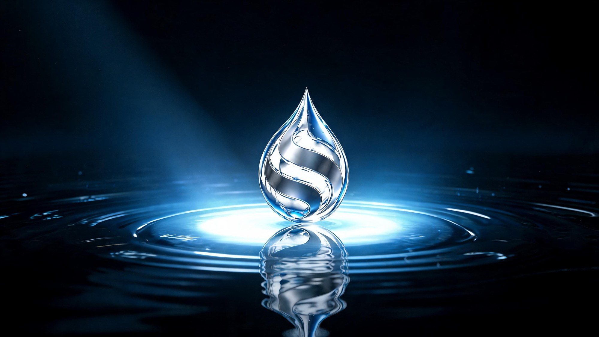 Chroom druppel met blauwe gloed en spiegelweerkaatsing op zwart water